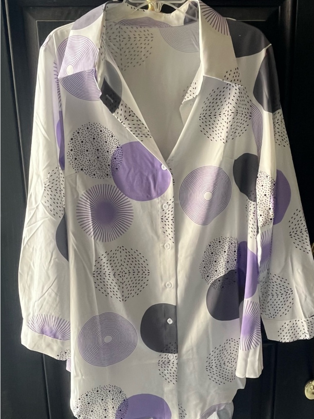 Women's Button-Up Blouse in White and Lavender - Classic Printed Top